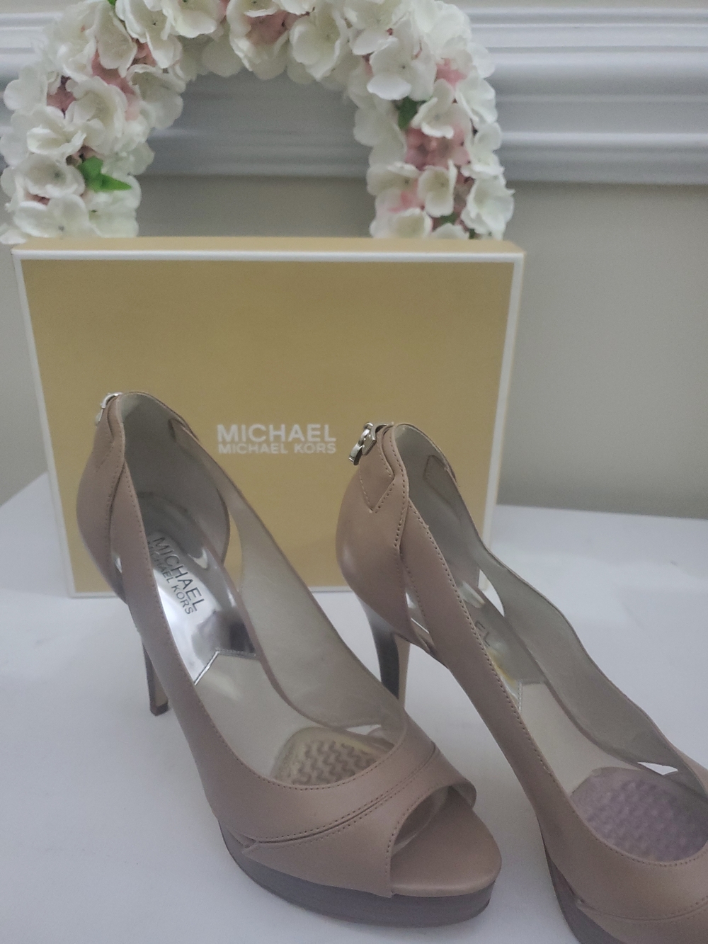 Michael Kors Taupe Peep-Toe Platform Pumps